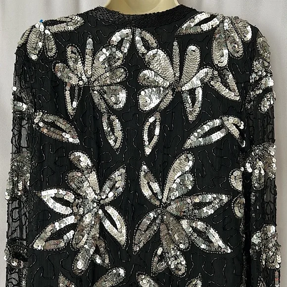 Sweelo Vtg Black/Silver Sequins Beaded Long Sleeve Silk Jacket Coat **Sz M**🌺🌺 - Picture 4 of 6
